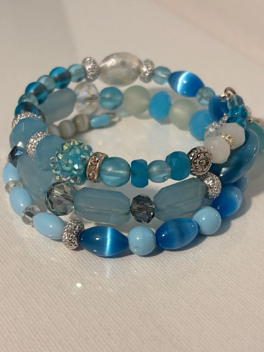 HANDCRAFTED WRAP BEAD BRACELET Memory Wire Blue Boho Artisan Designed